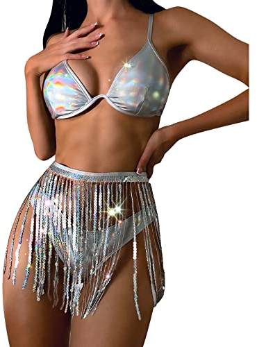 Damen Rave Outfit Quaste Bikini Set Badeanzug Holografische BH Oberteil Slip Triangel Bikinihose Pailletten Fransenrock für Festival Disco Tanz Clubwear Halloween Motto Party Fasching Kostüm Silber L