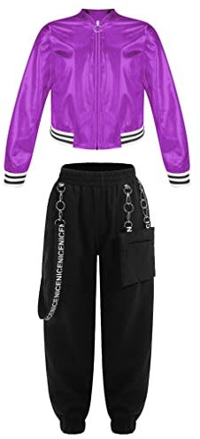 Oyolan Conjunto de 2 Piezas Niño Niña Chaqueta Baile con Manga Larga+Pantalones Ancho Solido Conjuntos Deportivo Traje Danza Jazz Hip Hop Morado y Negro 7-8 años
