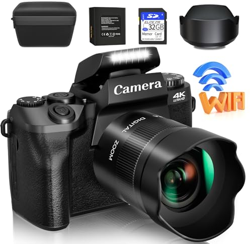 Saneen - Digital Camera, 4K for Photography and Video, 64MP WiFi Touch Screen Vlogging Camera for YouTube with Flash, 32GB SD Card, Lens Hood, 3000mAh Battery, Cameras