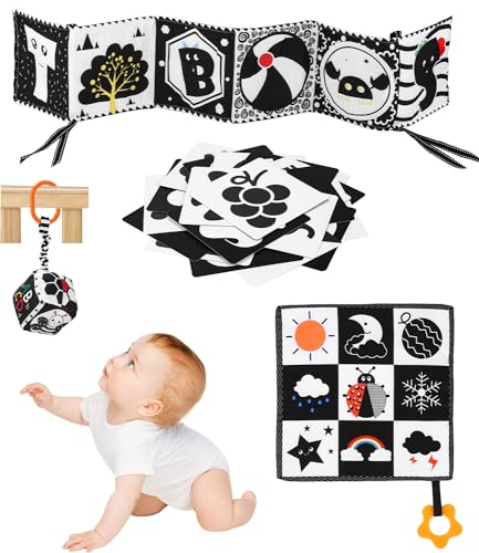 Kontrastbuch Baby Schwarz Weiß, Stoffbuch für Kleinkinder Ab 0-12 Monate, Hohe Kontrast Lernkarten, Kinderwagenkette Sensorik, Spielzeug Geschenk für Neugeborene (4 Stück)