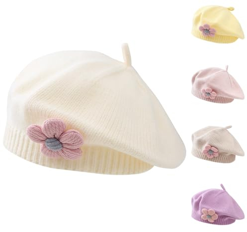 Kunyeah Kleine Mädchen Beret Hut Winter Warm Beanie Cap Kleinkind Französisch Stil Strickmütze Baby Niedliche Blume Berets