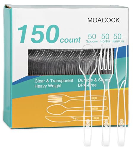 MOACOCK 150 Pcs Clear Plastic Silverware, Heavy Weight Plastic Forks Spoons Knives Disposable Utensils Cutlery Set for Wedding Party Supplies Everyday Use