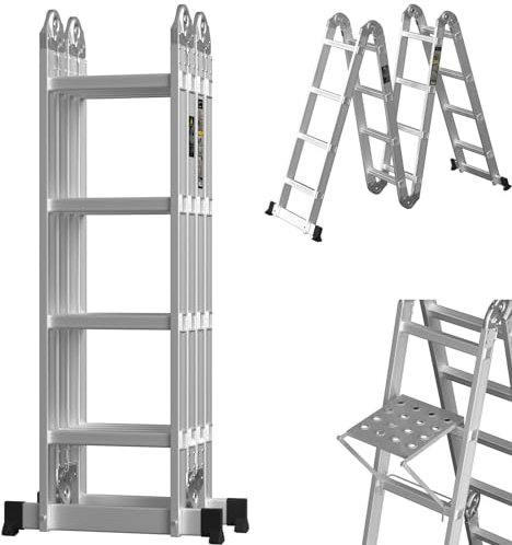 Folding Ladder 15.5Ft/4.7M Scaffold Ladder 4 x 4 Steps 7 in 1 Multipurpose Combination Ladder with 2 Stabilizers and Tool Shelf for Imdoor/Outdoor Use ax Load 150KG/330kbs EN131