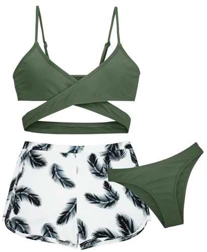 AIEOE Ragazze Costume da Bagno Set 3 Bikini con Stampa Tropicale Bohemien con Pantaloncini Spiaggia Spa Surf Mare Piscina 12-13 Anni Verde