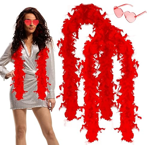 Lot de 4 boas en plumes pour femme - 2 m - Avec cœur et lunettes de soleil sans monture - Pour mariage, danse, fête, Halloween, Noël - Rouge