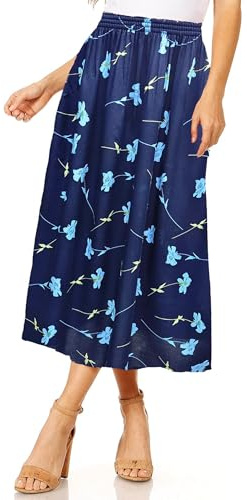 Women Floral Print Skirt Soft Lightweight Elasticated Waist (L, XL, BLU Floral)