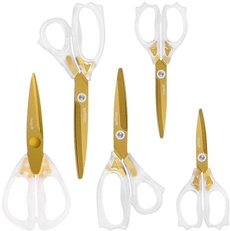 Uaugulft Acrylic Scissors Set, Sharp Titanium Coating Blades with Ergonomic ABS Handle, Set of 5, Suitable for Kitchen Sewing and Household, Clear and Gold-Toned