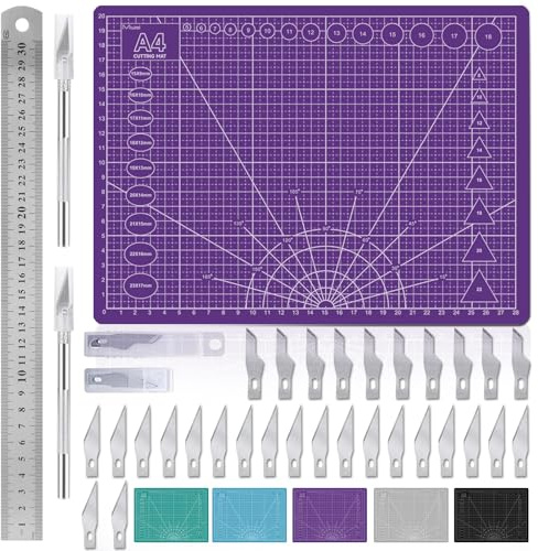 Miuzei Cutting Mat Set A4 with Steel Ruler - Self-Healing Craft Mat for Sewing, Fabric & Drawing Projects（Purple）