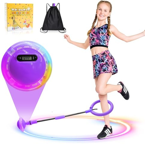 Herbst Anillo de salto intermitente para niños con contador de tiempo y calorías, bola de salto plegable, rueda de balanceo con rueda de luz, juguete de fitness para niñas (lila)