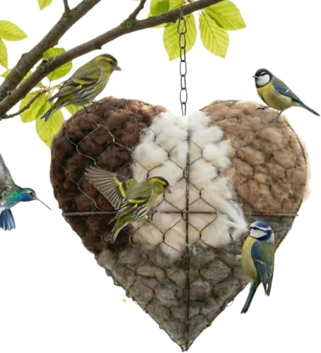 Handmade Fiber Bird Nesting Heart, Refillable Birds Haven 1 Heart Shape Nest 3 Bags of Nest Materials Winter Fowl Gifts Animal Hummingbirds Lovers for Home Garden Yard