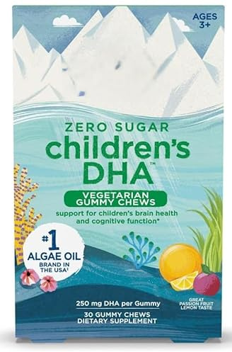 Gomitas masticables veganas DHA para niños, cero azúcar, omega-3 de aceite de algas, limón de fruta de la pasión, 30 gomitas