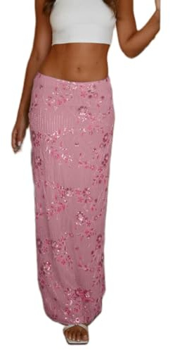 Dam paljettkjol midi lång Y2k klänning blommig kjol hög midja glitter midi-klänning går ut blommig kjol paljett lång klänning