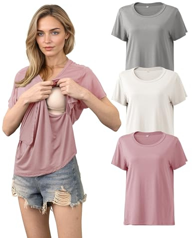 SUNNYBUY T-shirt per allattamento, set da 3 pezzi, maglietta da allattamento a maniche corte, da donna, comoda moda premaman per gravidanza e allattamento, L