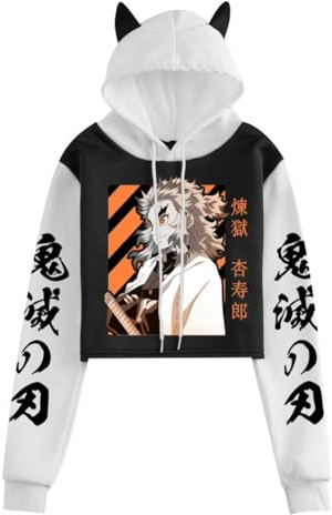 Satdflie Anime Demon Slayer Felpa con Cappuccio Corto per Donna Ragazze Orecchie da Gatto Crop Top Maglione Pullover Maniche Lunghe Bicolore Cropped Hoodie Sweatshirt, Nero/Bianco C, M