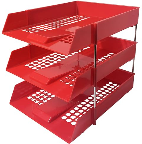 A4 Red Plastic Letter Trays with Risers – 3 trays Stackable Desk Document Organiser
