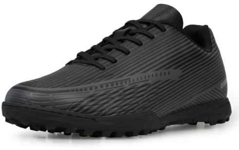 Eggseed Mens Football Boots Astro Turf Trainers Adult Lace-Up Soccer Shoes Cushioned Grip Lightweight Training Boots for Artificial Ground Black Silver UK 7–10 EU 41–45