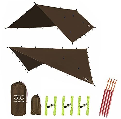 Gold Armour Rainfly Tarp Hammock, Premium 14.7ft/12ft/10ft/8ft Rain Fly Cover, Waterproof Ultralight Camping Shelter Canopy, Survival Equipment Gear Camping Tent Accessories (Brown 14.7ft x 12ft)