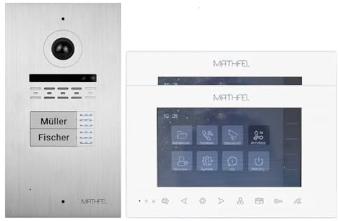 MATHFEL 2 Familienhaus 2 Draht Bus Video Türsprechanlage Gegensprechanlage Fischaugenkamera 170 Grad, 2x7'' Monitor weiß, Außenstation in Aluminium mit Gravur
