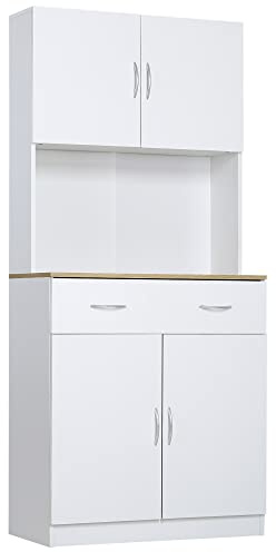 HOMCOM Alacena de Cocina Mueble Auxiliar de Cocina con Puertas Cajón y Estantes Ajustables Antivuelco para Comedor Salón 80x40x180 cm Blanco