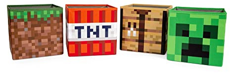 Minecraft 10-Inch Storage Set of 4 Bins | Includes Creeper, TNT, Grass, Crafting Table | Fabric Basket Container, Cubby Closet Organizer, Home Decor for Playroom | Video Game Gifts And Collectibles