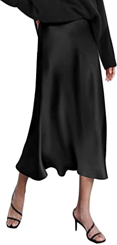 Zeagoo Women's Black Silk Work High Waisted Skirt Midi Dress Soft Casual Skirt