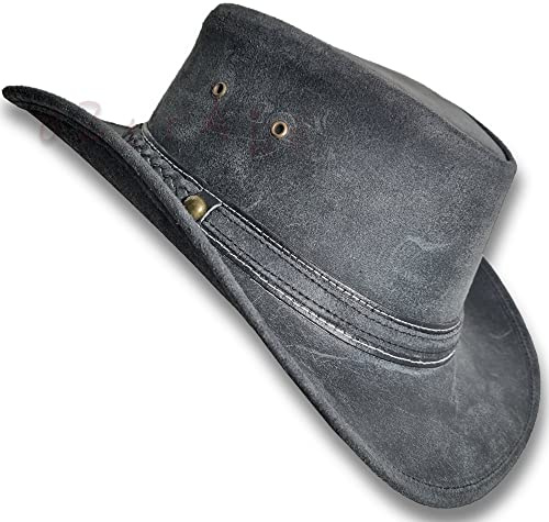 Oztrala Chapeau en Cuir Australien Huilé Outback Aussie Western Cowboy pour Hommes et Femmes Bushman HL31 Noir Ajustable, Noir, CH