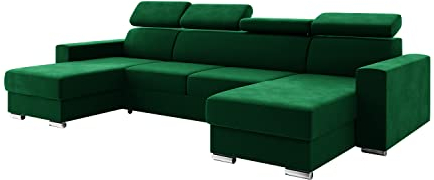 MEBLINI Schlafcouch mit Bettkasten - Ecksofa mit Schlaffunktion - Sofa mit Relaxfunktion und Kopfstützen - Couch U-Form - Eckcouch - Wohnlandschaft - Voss - 306x168x79cm - Grün Samt