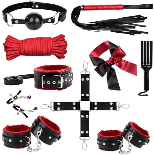 Sex Bondage Set BDSM Restraints Sex Toys 10 Pcs, SM Sex Toy Adult Toys Games Cuffs Gag Blindfold Spanking Paddle Safe Fetish Bed BDSM Kit Cuffs Nipple Clamps Ball Gag Rope Cosplay for Women Couples