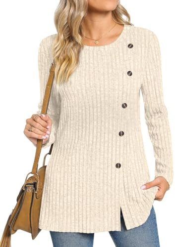 TAOHUADAO Women's Long Sleeve Jumpers Crewneck Tunic Tops with Button Sides Loose Casual Fall Sweater Shirts for Leggings 2XL, Beige