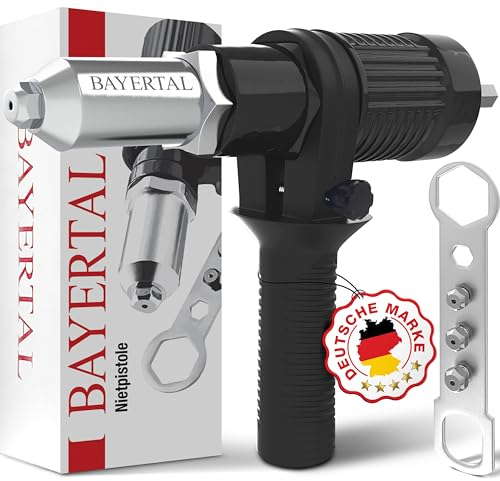 Bayertal® Nietpistolen-Set für Akkuschrauber und Bohrmaschinen - 4 Nietmundstücke - Professionelles Blindnietadapter-Kit für Metall, Kunststoff, Leder - Robuste Konstruktion - Premium Nietenzangen