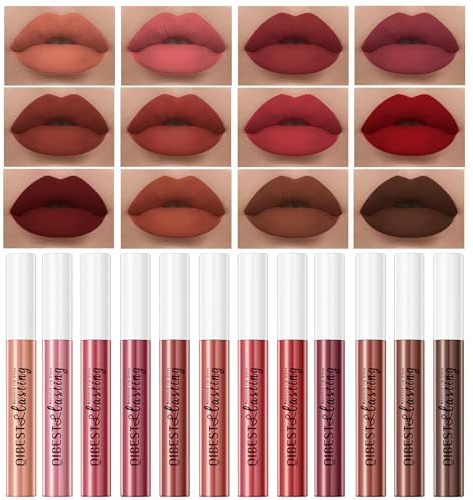 QiBest 12Pcs Velvet Matte Liquid Lipstick Makeup Sets for Women & Teens Gift, Waterproof Long Wear 24 Hours Nudes Burgundy Red Brown Lip Stain Kits, Non-Stick Cup Mate 24 Horas Lip Gloss Holiday Set