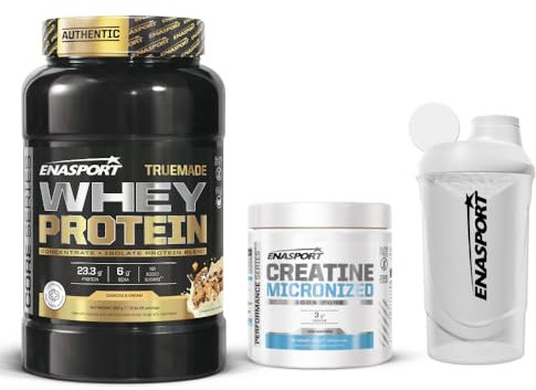 Pack Truemade Whey Protein 907 g, Creatina Monohidrato 300 g, Enasport Shaker Wave Blanco 600 ml (907, Cookies and Cream)