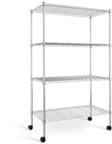Simple Deluxe Robustes Regal mit 4 Etagen mit Rollen, 90 cm B x 45 cm T x 155 cm H, Verstellbarer Stahl-Organizer, Drahtständer, Tragkraft 635 kg, Chrom