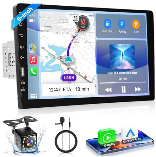 VECHTEL Bluetooth-bilradio med Android Auto trådbunden Carplay, 1 Din 9-tums pekskärm, FM-radio, spegellänk, USB, rattkontroller, mikrofon, backkamera