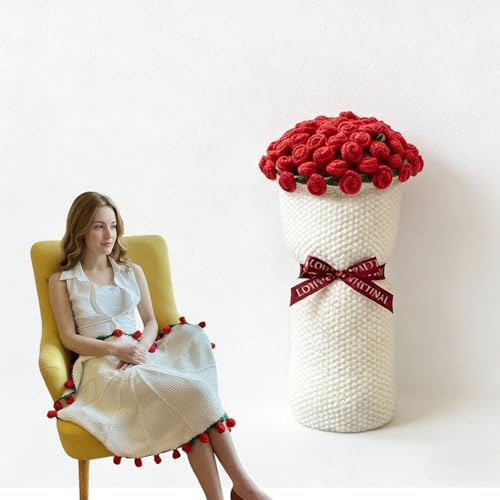 Finished Rose Bouquet Crochet Flower Blanket, Handmade Roses, Bellflower Throw, Soft Knitted Woven Blankets Gift for Mother's Day, Anniversary, Birthday(Red rose on white,Dia. 110cm)