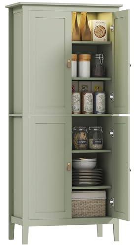 HOMCOM Buffet Cuisine avec LED réglable et détecteur de Mouvement, Meuble Cuisine Rangement Haut, Meuble de Rangement avec placards à Double Porte et étagères réglables, 80 x 40 x 176,5 cm, Vert