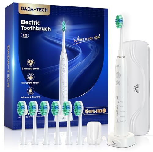 Cepillo dental eléctrico para adultos y niños, recargable, sonoro, con estuche de viaje, soporte y 7 cabezales, 6 modos y 3 intensidades, temporizador de 2 minutos (Blanco)