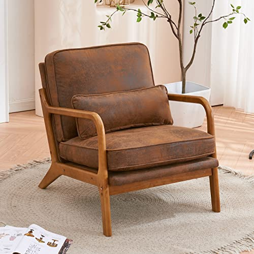 Bonnlo Accent Chair, Solid Wood Padding Lounge Armchairs, Linen, Brown