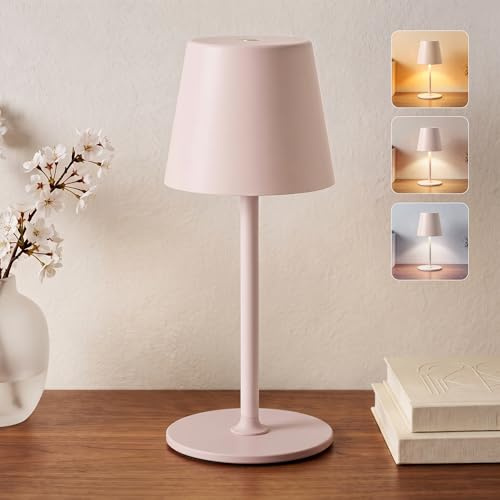 UPXNBOR Lampe de Chevet Tactile Sans Fil, Veilleuse Rechargeable pour l’Intérieur et l’Extérieur – 3 Températures de Couleur, Variation Continue, Corps en Métal, IP54, 2 Hauteurs, 5300 mAh, Beige Rosé