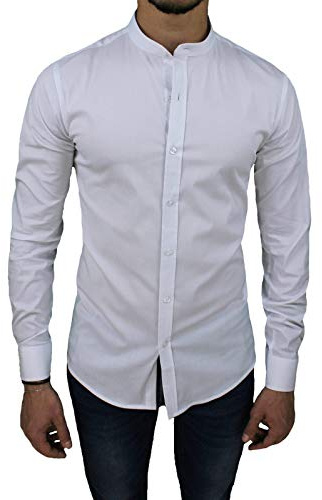 senza marca Camicia Uomo Collo Coreano Elasticizzata Aderente Bianco Nero Slim Fit
