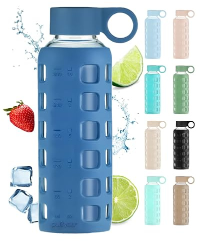purifyou Premium Glass Water Bottle with Non-Slip Silicone Sleeve & Stainless Steel Lid Insert, 12/22 / 32 oz (Chinese Porcelain, 12 oz)