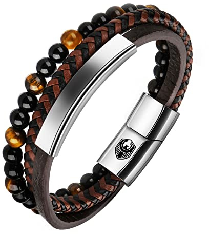 SHIEAGLELD Pulsera de cuero trenzado hecha a mano para hombre, con cierre magnético de acero inoxidable y caja de joyería exclusiva para hombre, idea de regalo, 20.5CM, Acero inoxidable de níquel