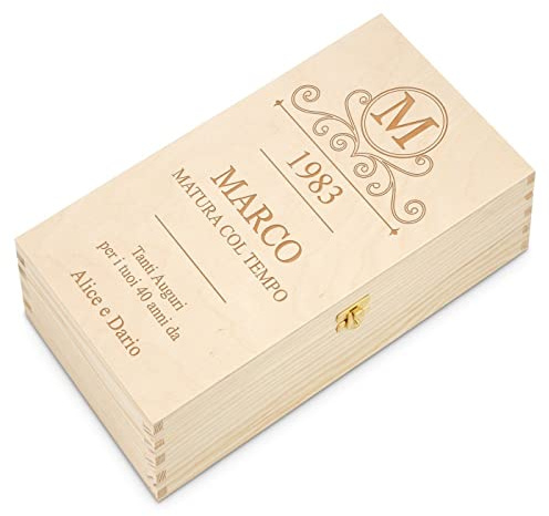 Maverton Porta Bottiglie di Vino Personalizzato - per 2 Bottiglie di Vino da 0,7 l - Scatola in Legno di Pino - 10x20x35 cm - Colore Naturale - Incisione Laser - per uomo - regalo di Natale - Iniziale