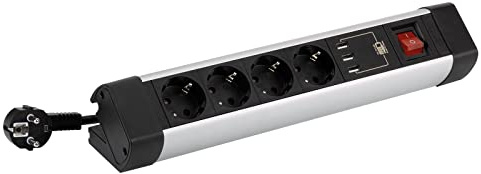 SIMON Mehrfachstecker, Flache Steckdosenleiste, Steckdosenleiste mit Schalter, 4 Steckdosen 16 A, 250 V + 3 USB A-Steckdosen, mit Überspannungsschutz und 1,5 m Kabel, Aluminium/Schwarz