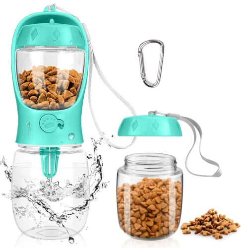 MYOWELL Borraccia Portatile per Cani - 350ML Bottiglia da Viaggio per Cane Gatti con 100g Serbatoio per Alimenti, Antibatterico e a Prova di Perdite (Blu)