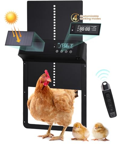 PUPIHOM Automatische Hühnerklappe SolarTimer, 𝟱𝟬𝟬𝟬-𝗺𝗔𝗵-𝗕𝗮𝘁𝘁𝗲𝗿𝗶𝗲, Aluminium Elektrische Drahtlose Hühnertür Lichtsensor, Fernbedienung, LED-Anzeige, wasserdicht, Einklemmschutz