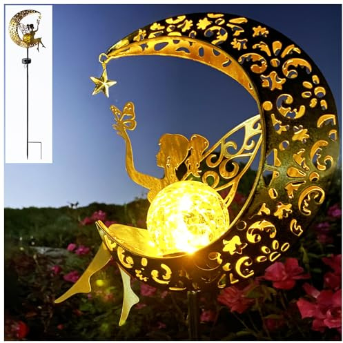 Merrytech Solar Angel & Fairy Moon Waterproof Lights, Outdoor Garden Statues Decor, Outside Metal Yard Art Ornaments for Patio Lawn, Unique Gardening Gifts for Women Mom Grandma
