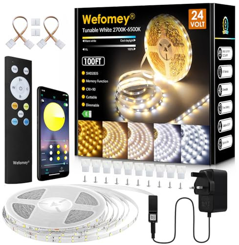 Wefomey White LED Strip Light, 30M Dimmable Bright 24V Led Tape Light with Remote and App Control, 2700K-6500K White 1440 LEDs Lights for Bedroom, Kitchen, Ceiling(1X30M)