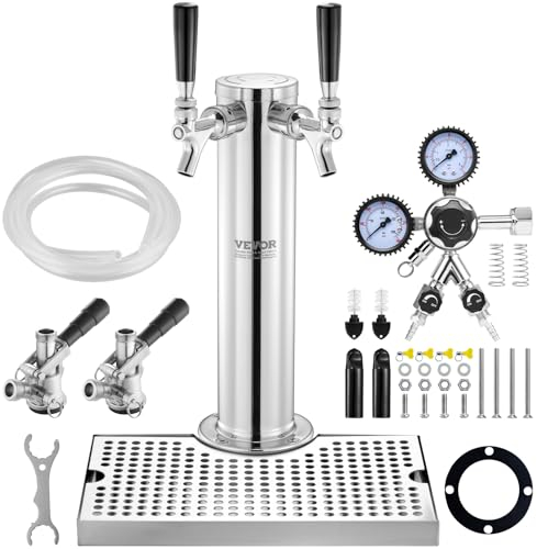 VEVOR Tower Kit, Kit de Conversión de Cerveza de Doble Grifo, Dispensador de Torre de Cerveza de Barril de Acero Inoxidable con Regulador W21.8 de Doble Calibre y Acoplador de Barril de Sistema S