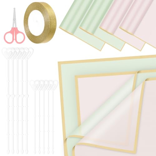 Glarks 52 Feuilles de Papier d'emballage Floral Set de 40 Feuilles de Papier d'emballage de Bouquet imperméable Rose et Bleu avec Porte - Cartes Floral, Ruban, Ciseaux